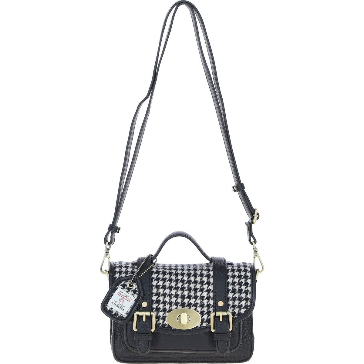 Leather & Harris Tweed Small Twist Lock Satchel – Black / White, view 1
