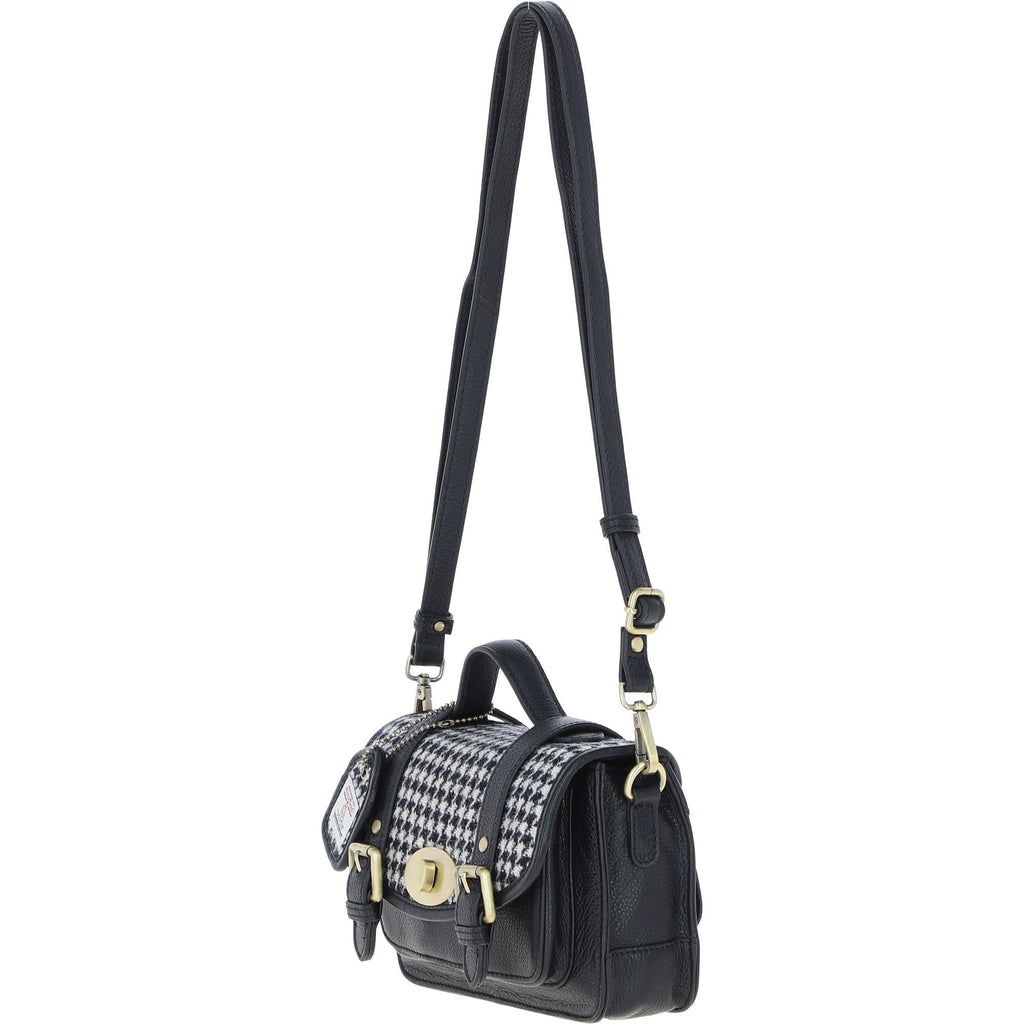Leather & Harris Tweed Small Twist Lock Satchel – Black / White, view 2