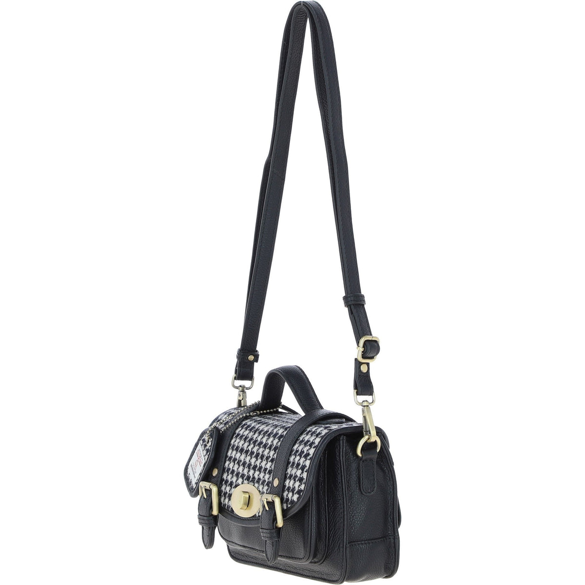 Leather & Harris Tweed Small Twist Lock Satchel – Black / White, view 2