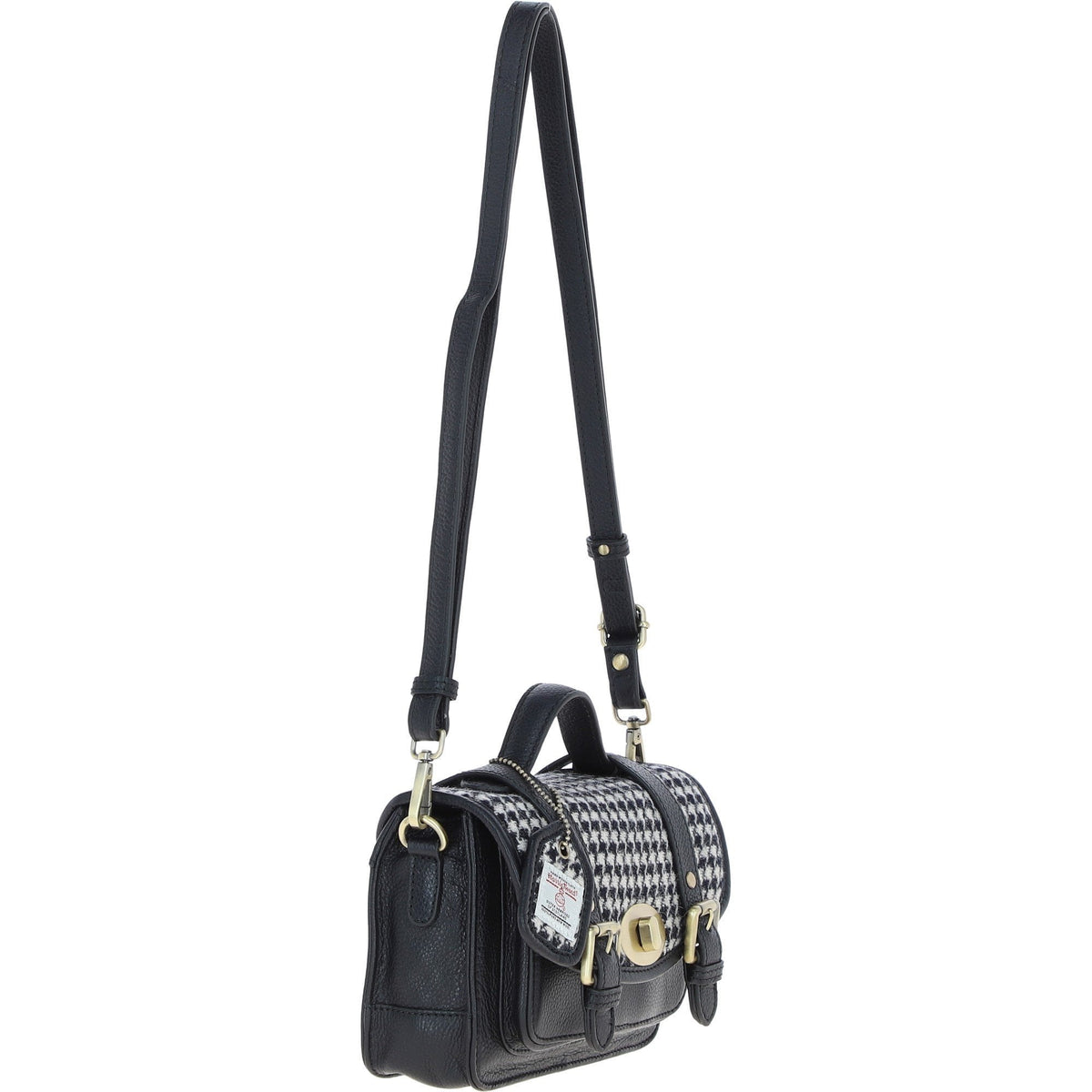 Leather & Harris Tweed Small Twist Lock Satchel – Black / White, view 4