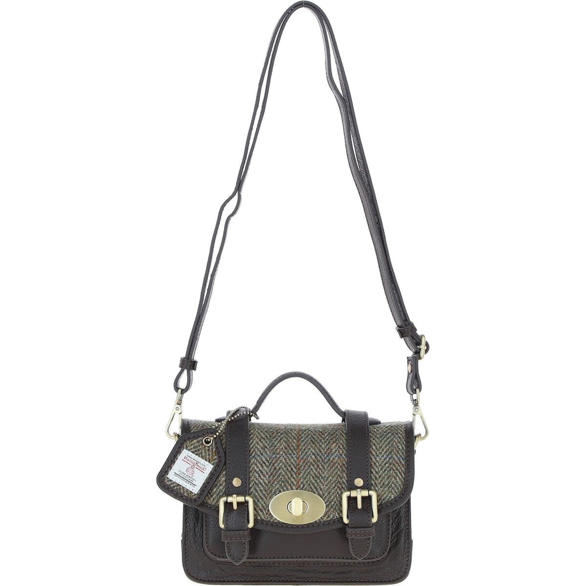 Leather & Harris Tweed Small Twist Lock Satchel – Brown / Green, view 1