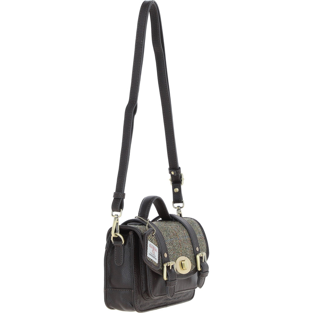 Leather & Harris Tweed Small Twist Lock Satchel – Brown / Green, view 4