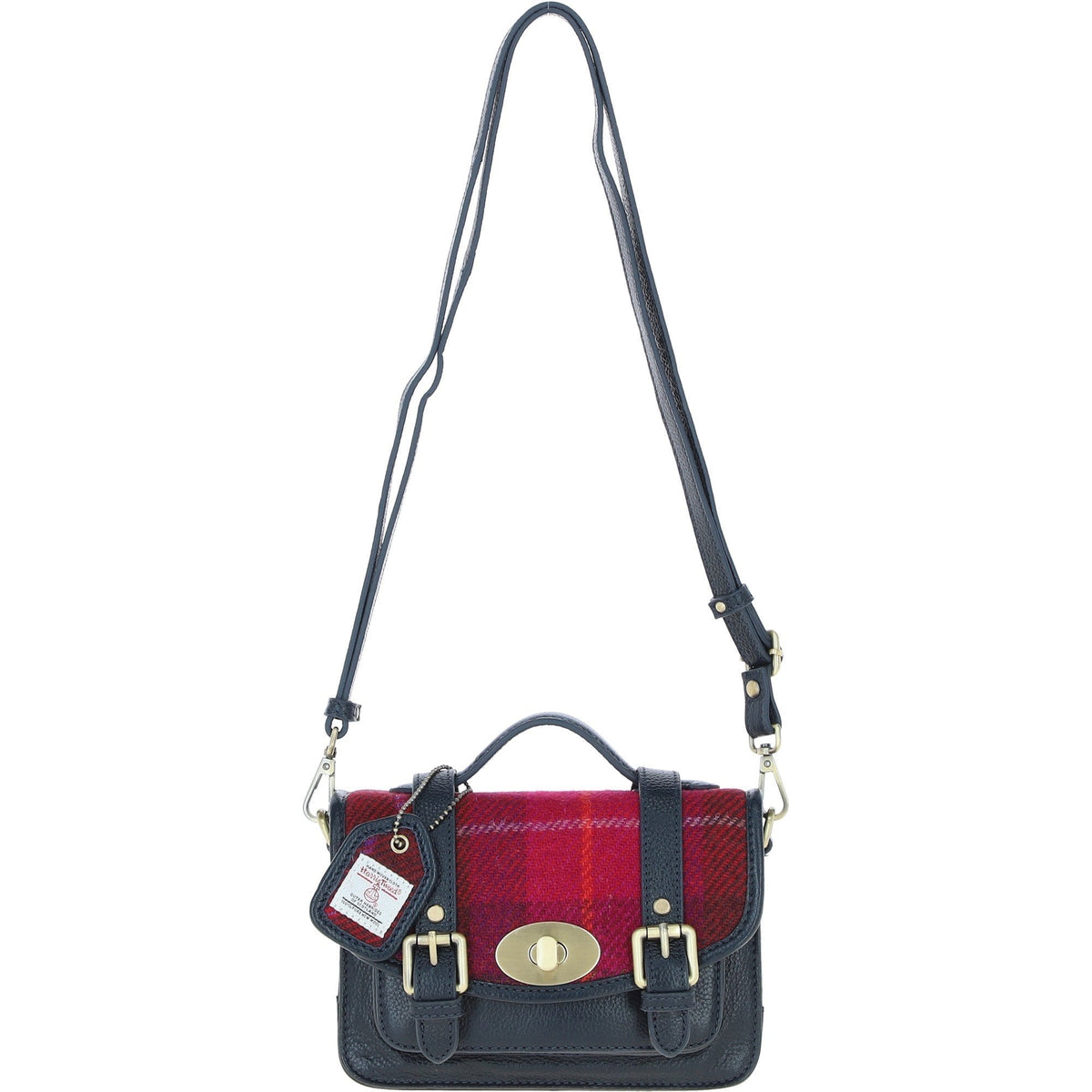Leather & Harris Tweed Small Twist Lock Satchel – Navy / Pink, view 1