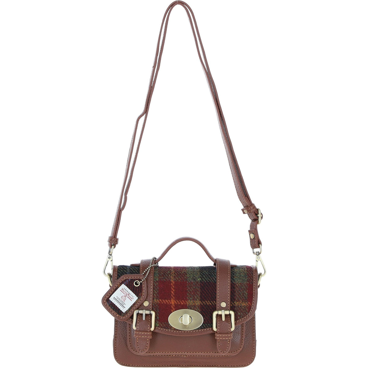 Leather & Harris Tweed Small Twist Lock Satchel – Tan / Green / Red, view 1