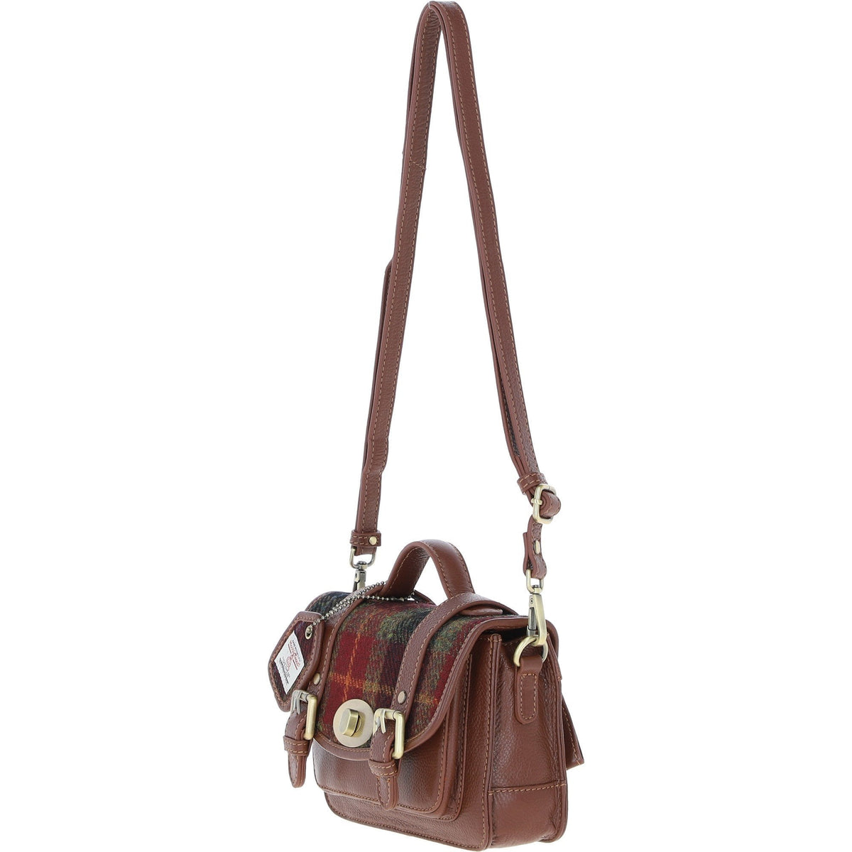 Leather & Harris Tweed Small Twist Lock Satchel – Tan / Green / Red, view 2