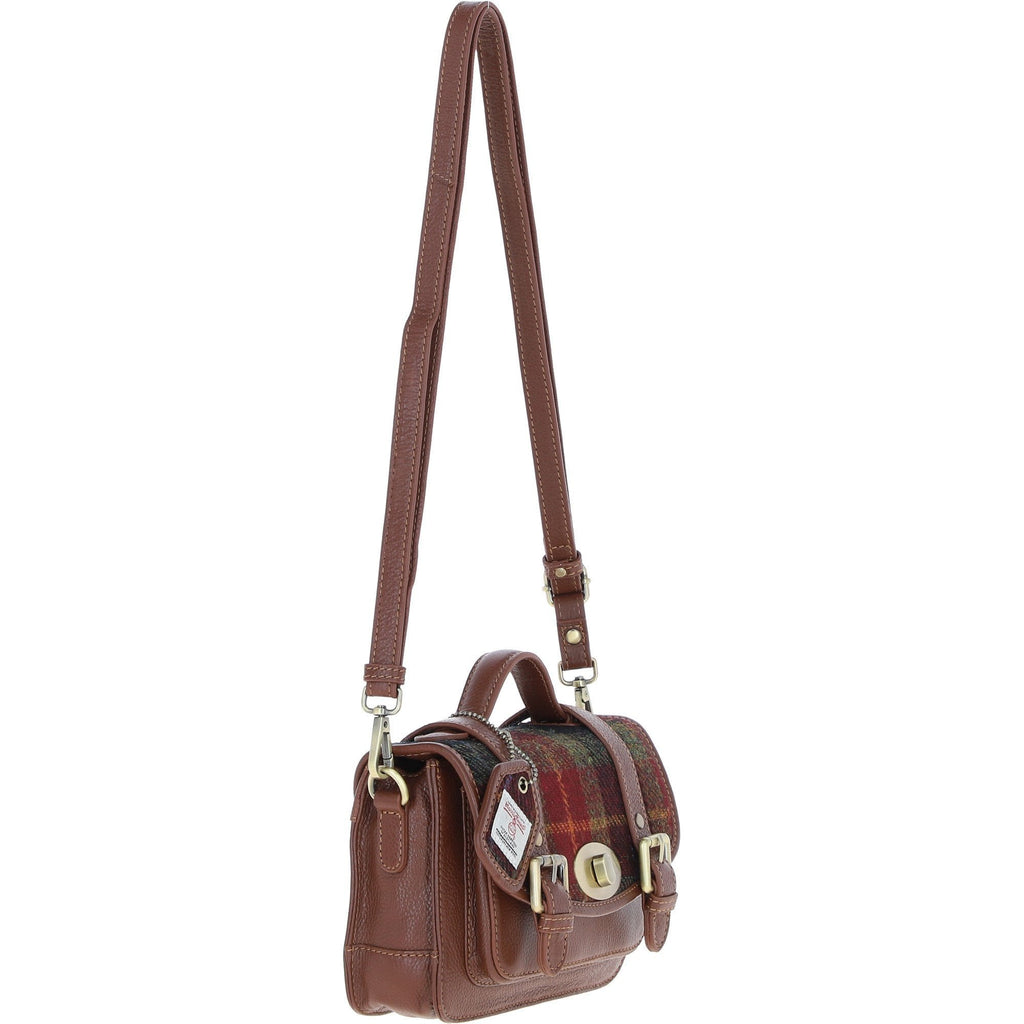 Leather & Harris Tweed Small Twist Lock Satchel – Tan / Green / Red, view 4
