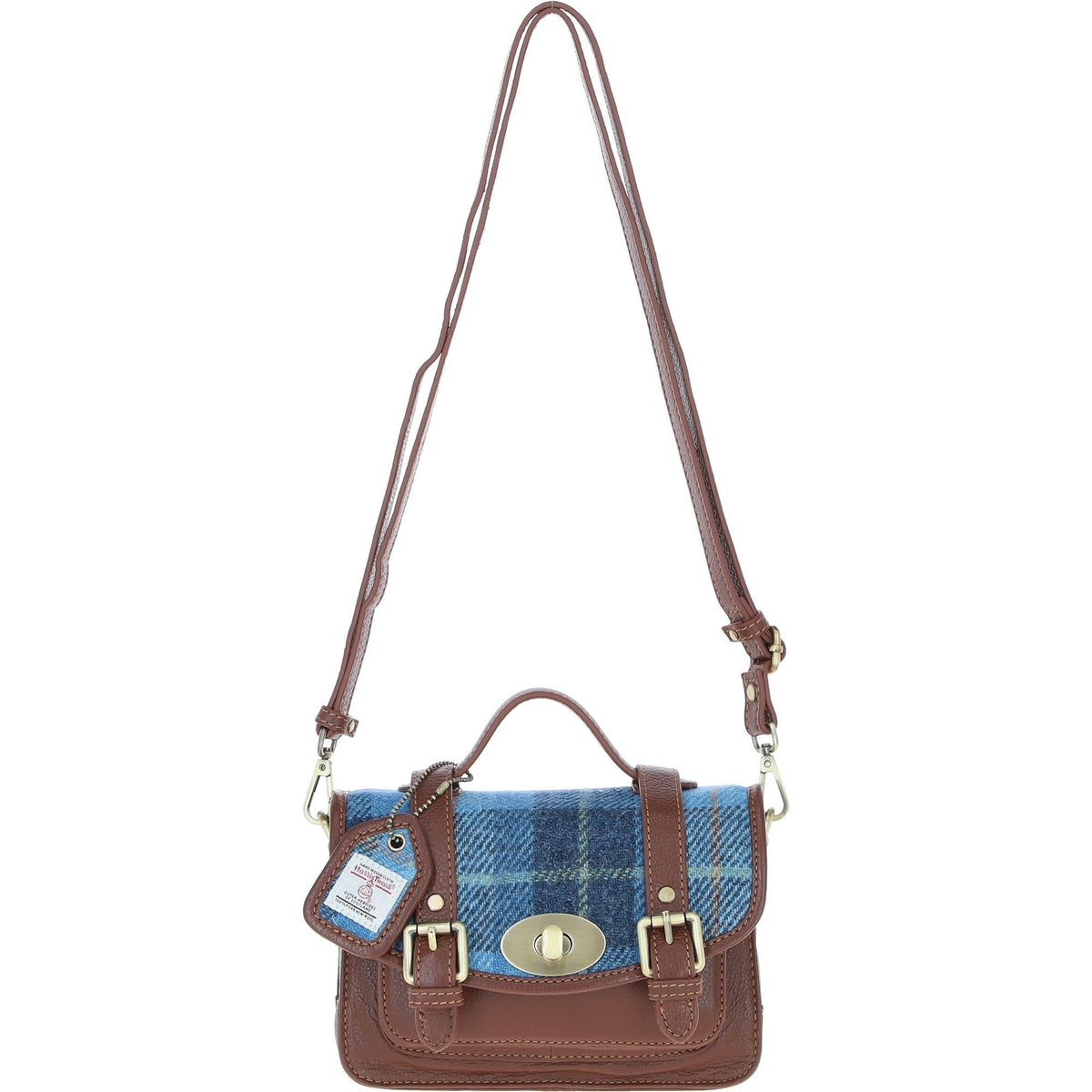 Leather & Harris Tweed Small Twist Lock Satchel – Tan / Light Blue, view 1