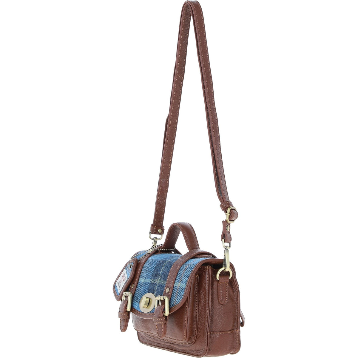 Leather & Harris Tweed Small Twist Lock Satchel – Tan / Light Blue, view 2