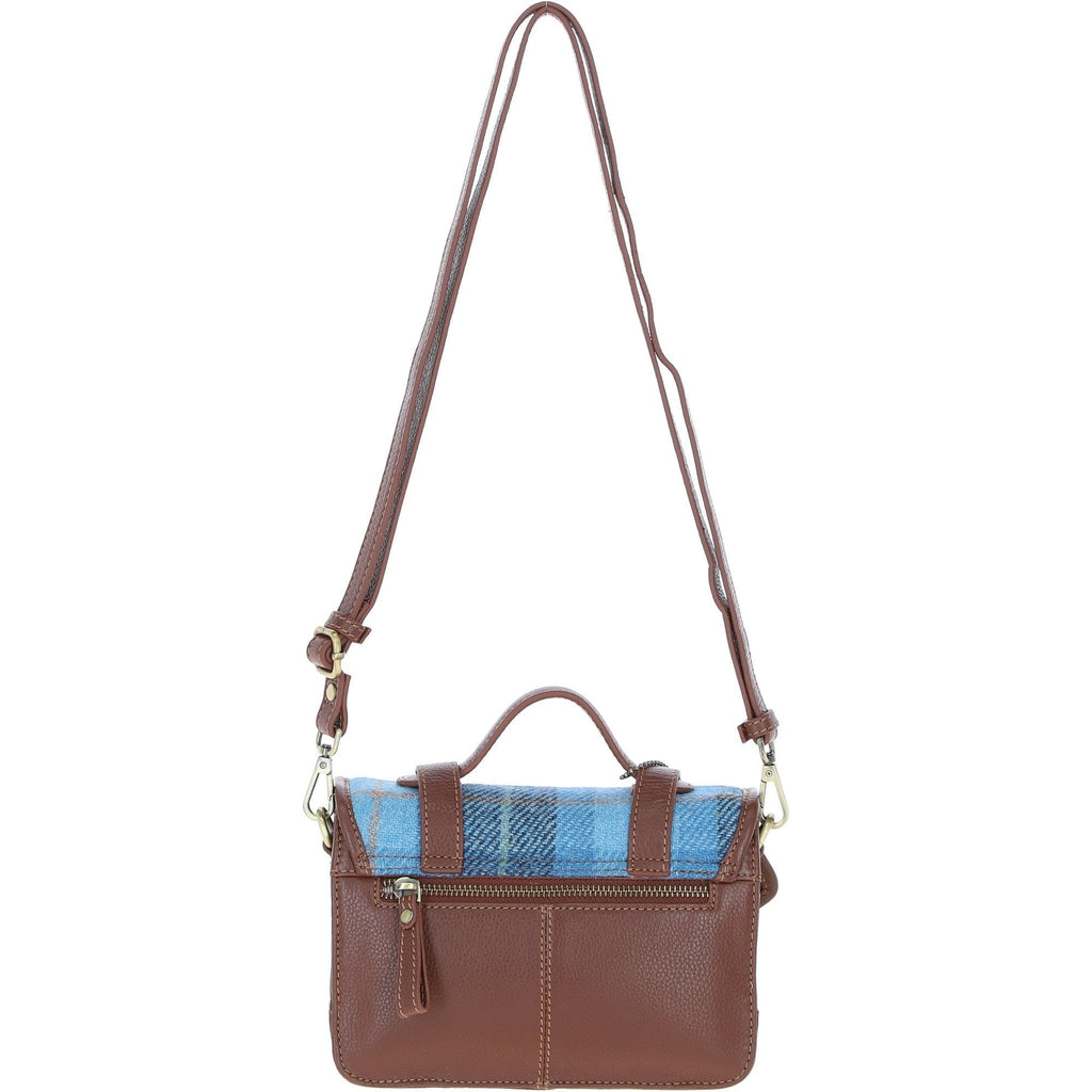 Leather & Harris Tweed Small Twist Lock Satchel – Tan / Light Blue, view 3