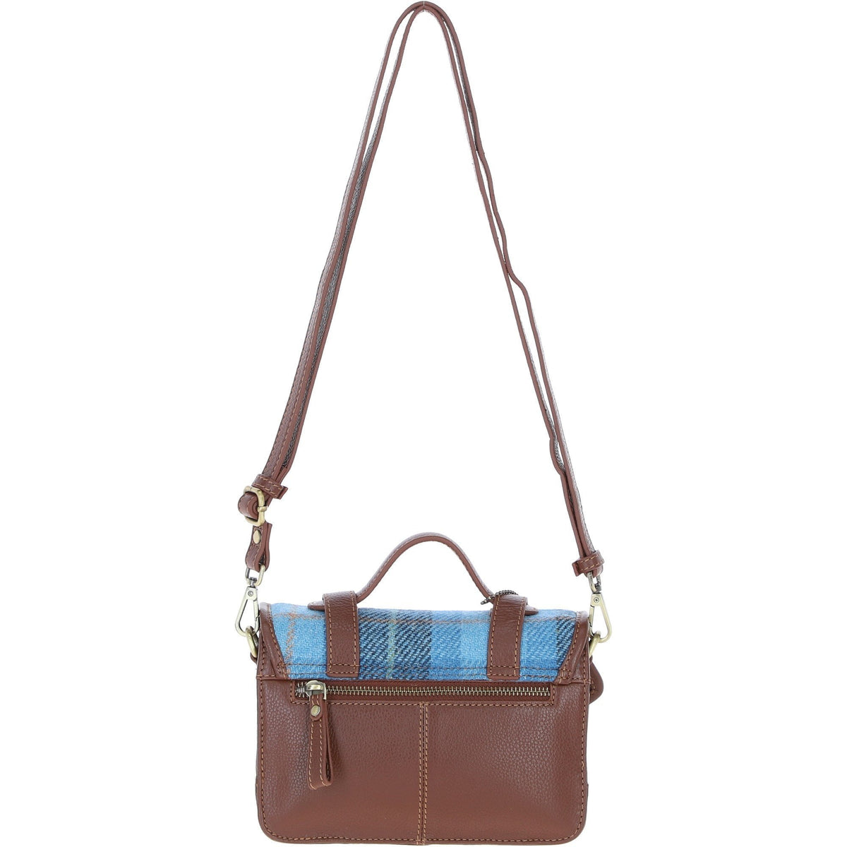 Leather & Harris Tweed Small Twist Lock Satchel – Tan / Light Blue, view 3