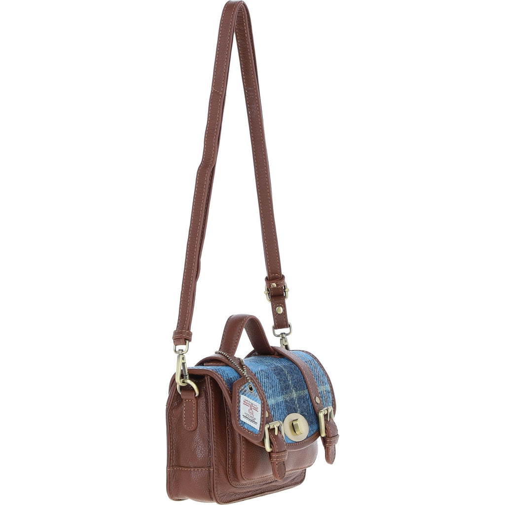Leather & Harris Tweed Small Twist Lock Satchel – Tan / Light Blue, view 4
