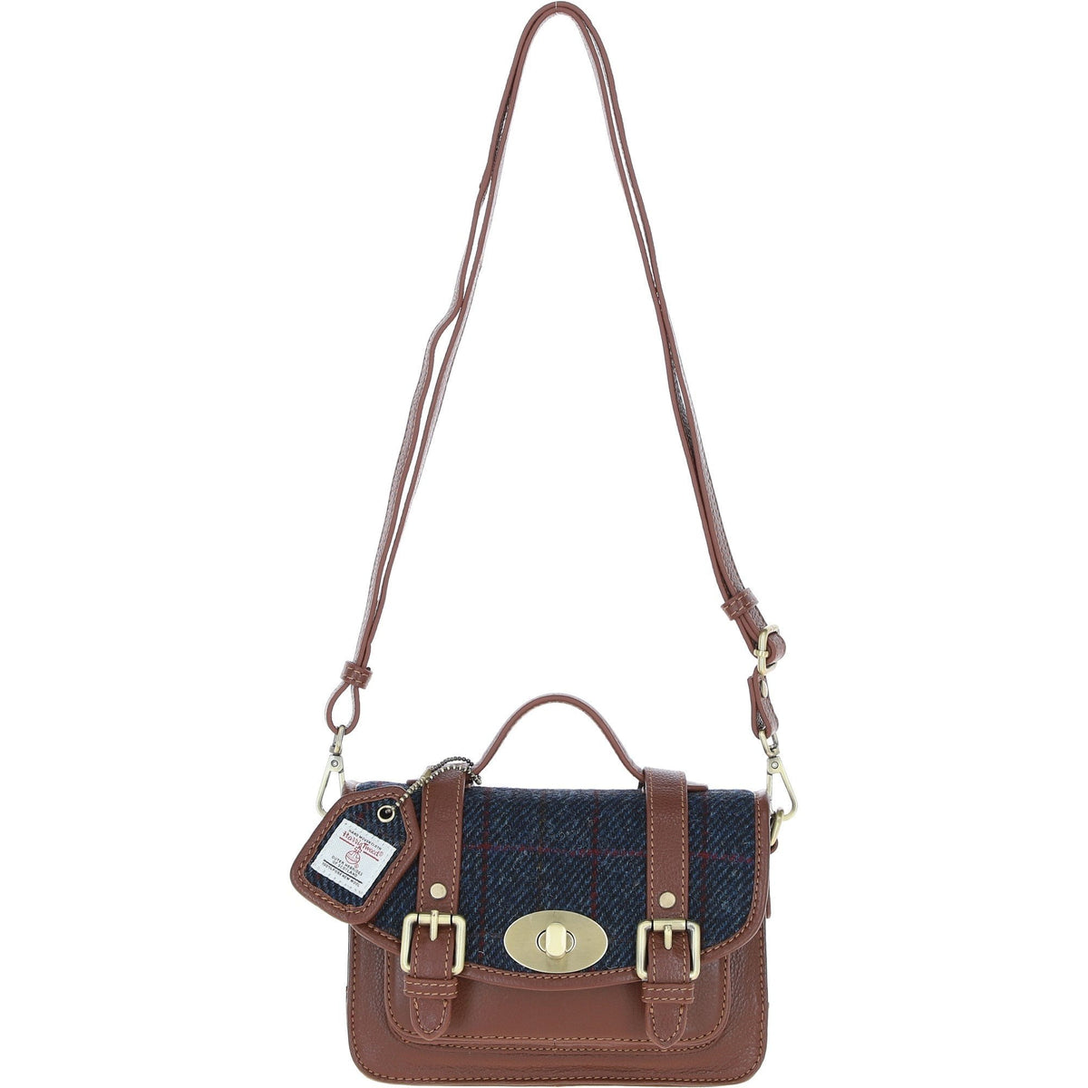 Leather & Harris Tweed Small Twist Lock Satchel – Tan / Navy, view 1