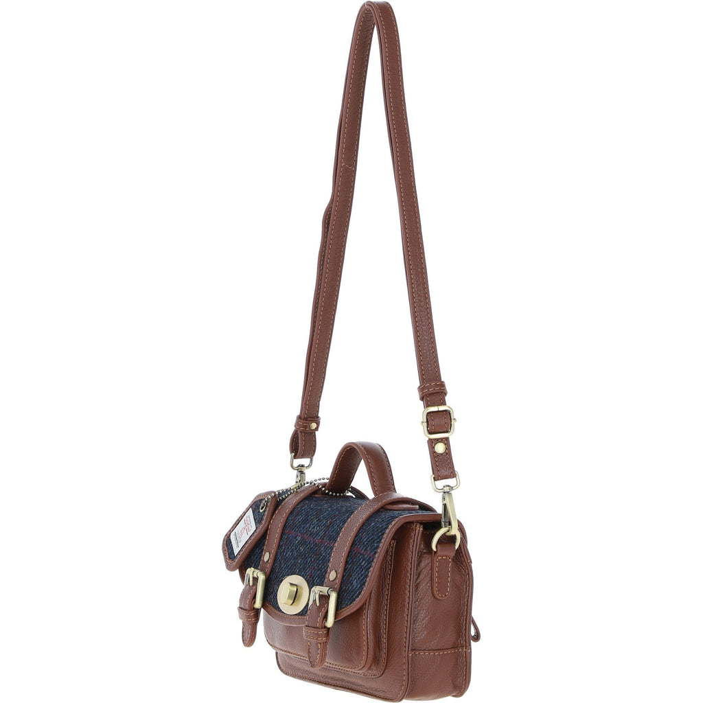Leather & Harris Tweed Small Twist Lock Satchel – Tan / Navy, view 2