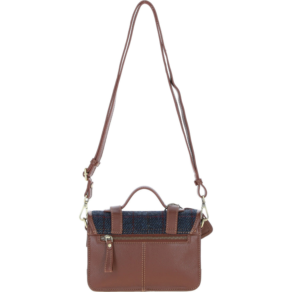 Leather & Harris Tweed Small Twist Lock Satchel – Tan / Navy, view 3