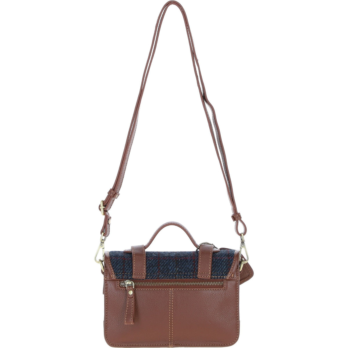 Leather & Harris Tweed Small Twist Lock Satchel – Tan / Navy, view 3