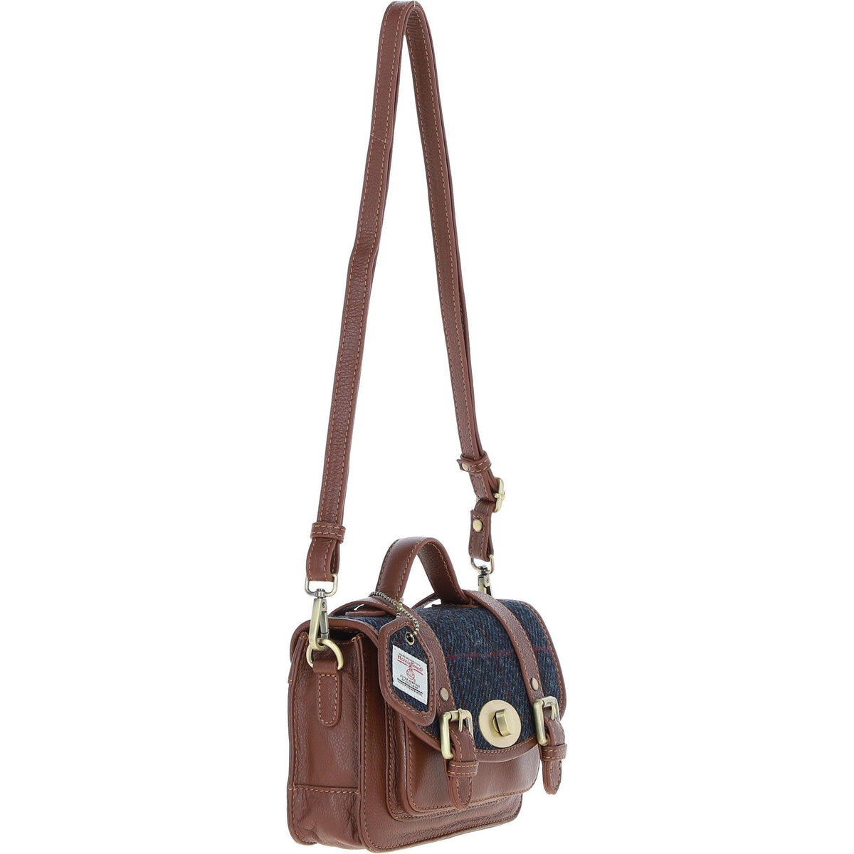 Leather & Harris Tweed Small Twist Lock Satchel – Tan / Navy, view 4