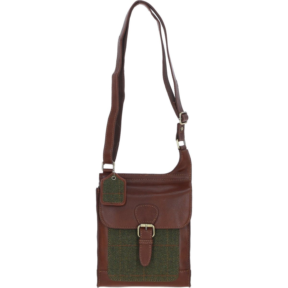 Leather & Tweed Crossbody Bag – Tan / Green Check, view 1