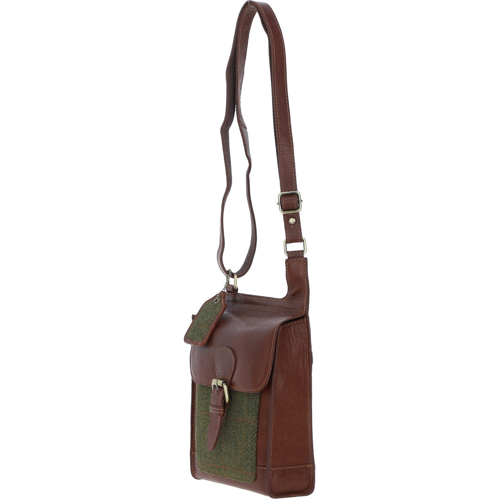 Leather & Tweed Crossbody Bag – Tan / Green Check, view 2