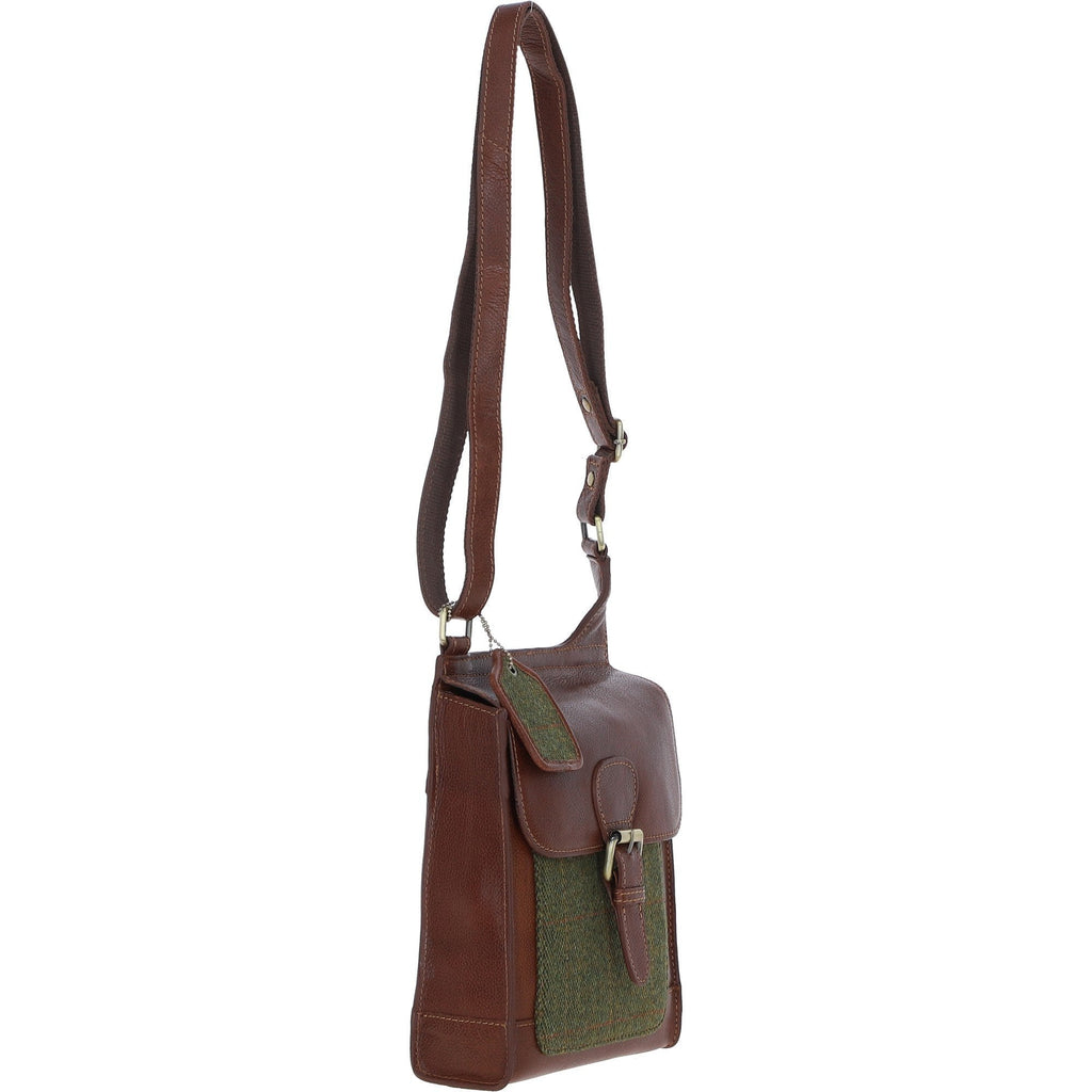 Leather & Tweed Crossbody Bag – Tan / Green Check, view 4