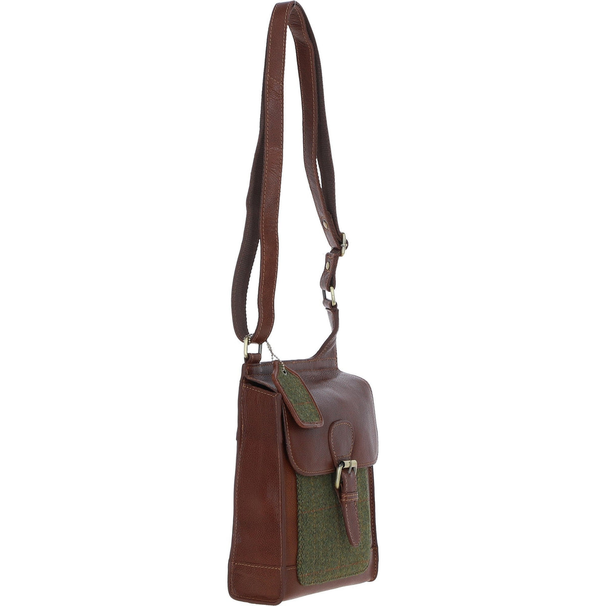 Leather & Tweed Crossbody Bag – Tan / Green Check, view 4