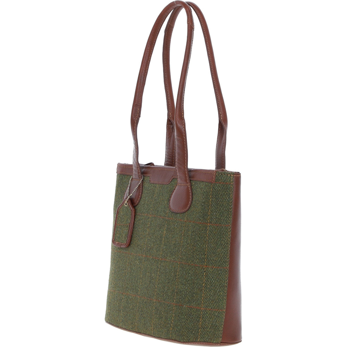 Leather & Tweed Shopper Shoulder Bag – Tan / Green Check, view 2
