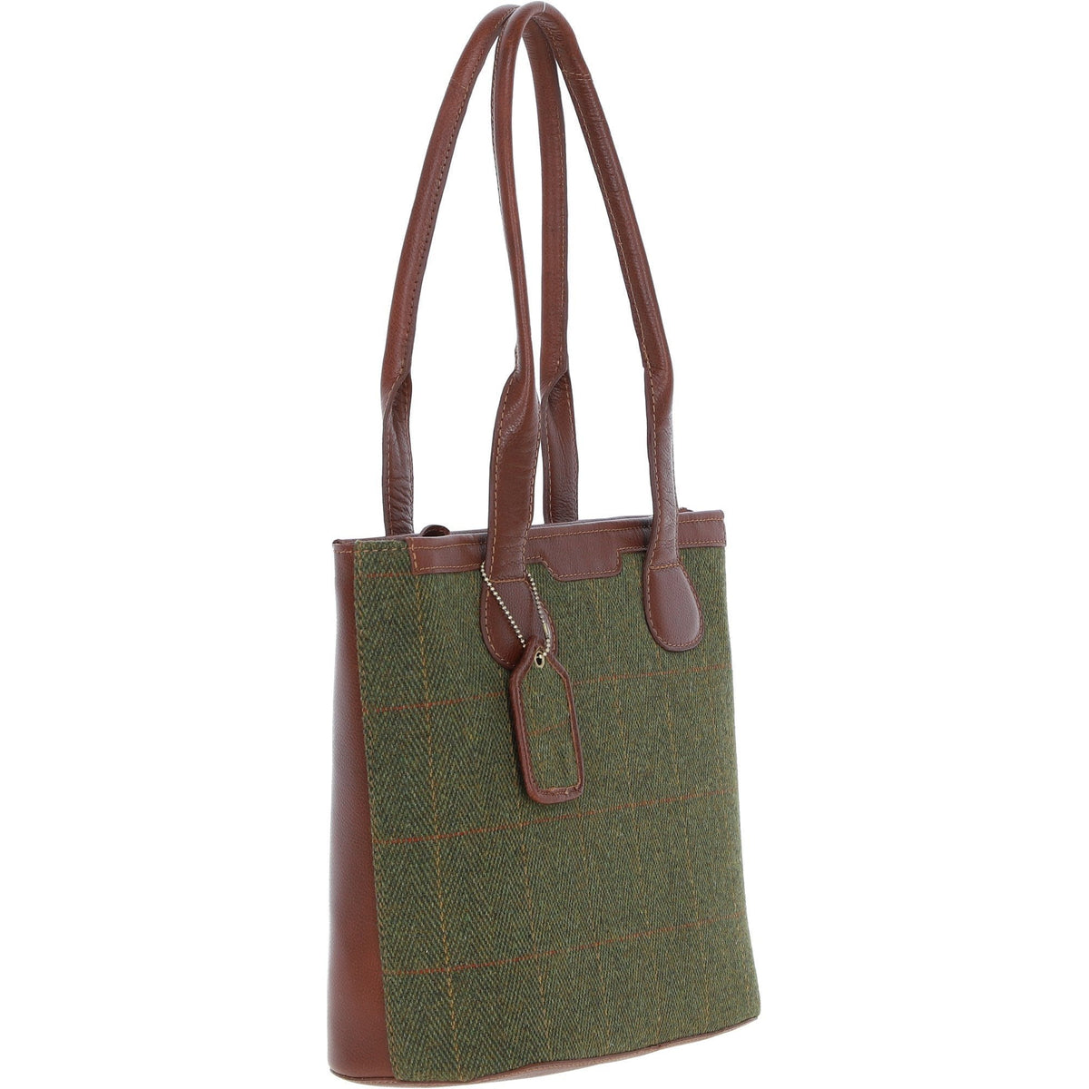 Leather & Tweed Shopper Shoulder Bag – Tan / Green Check, view 4