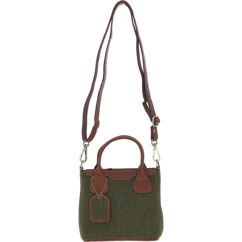 Leather & Tweed Small Grab Bag – Tan / Green Check, view 1