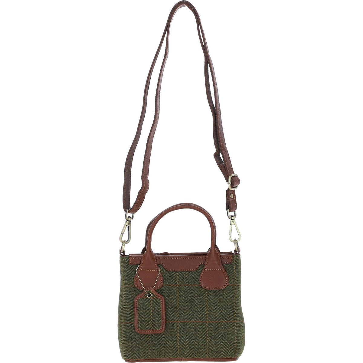 Leather & Tweed Small Grab Bag – Tan / Green Check, view 1