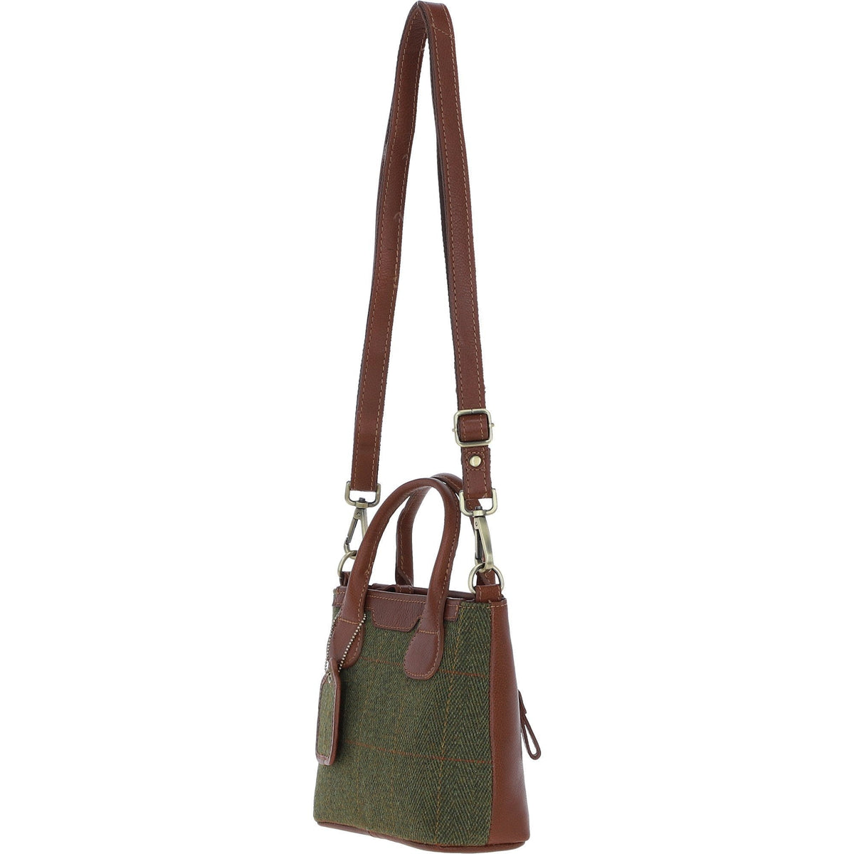 Leather & Tweed Small Grab Bag – Tan / Green Check, view 2