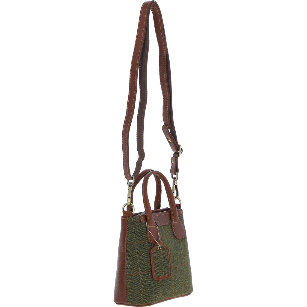 Leather & Tweed Small Grab Bag – Tan / Green Check, view 4