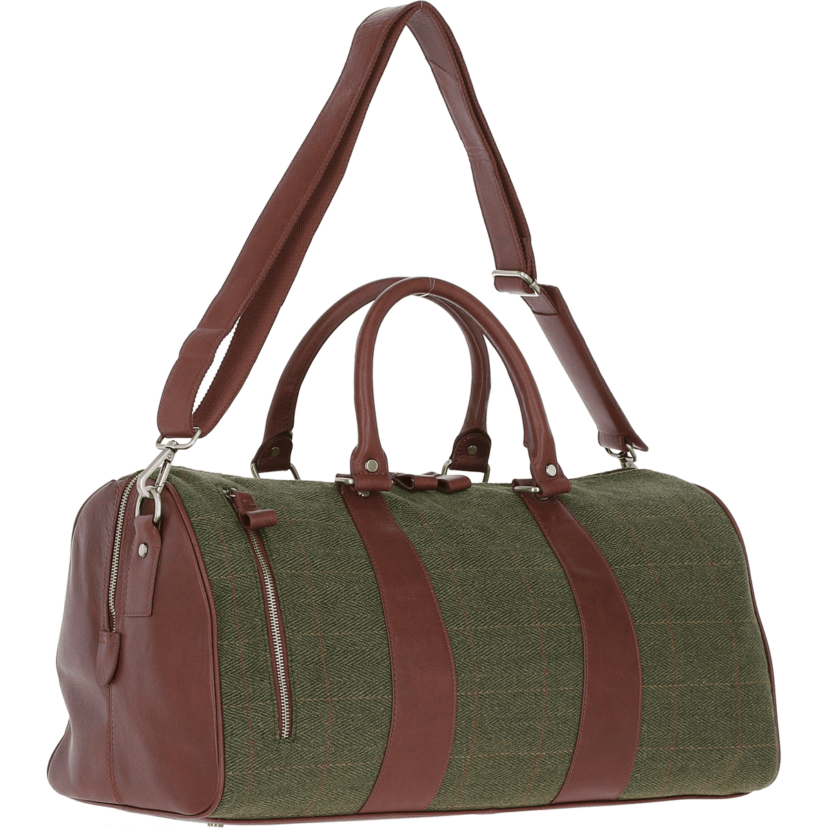 Leather & Tweed Large Holdall – Tan / Green Check, view 2