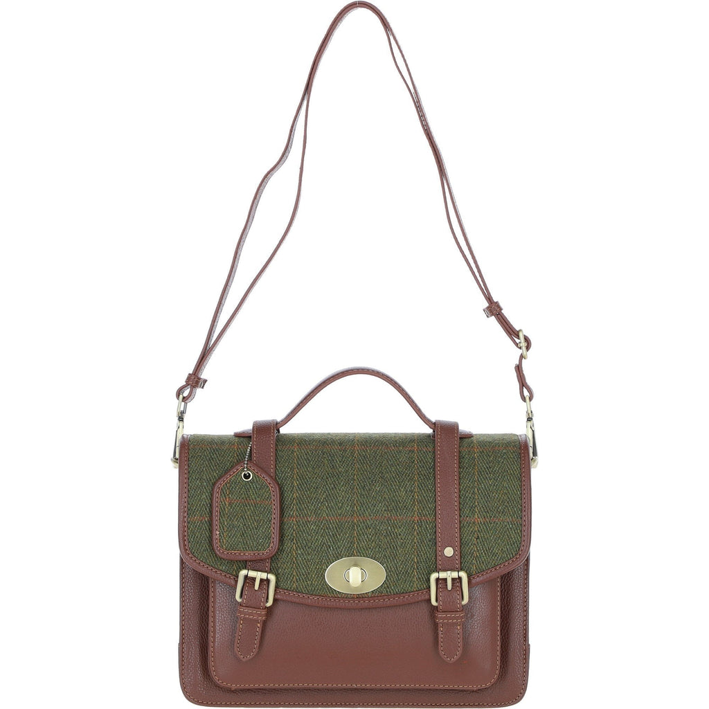 Leather & Tweed Large Twist Lock Satchel – Tan / Green Check, view 1