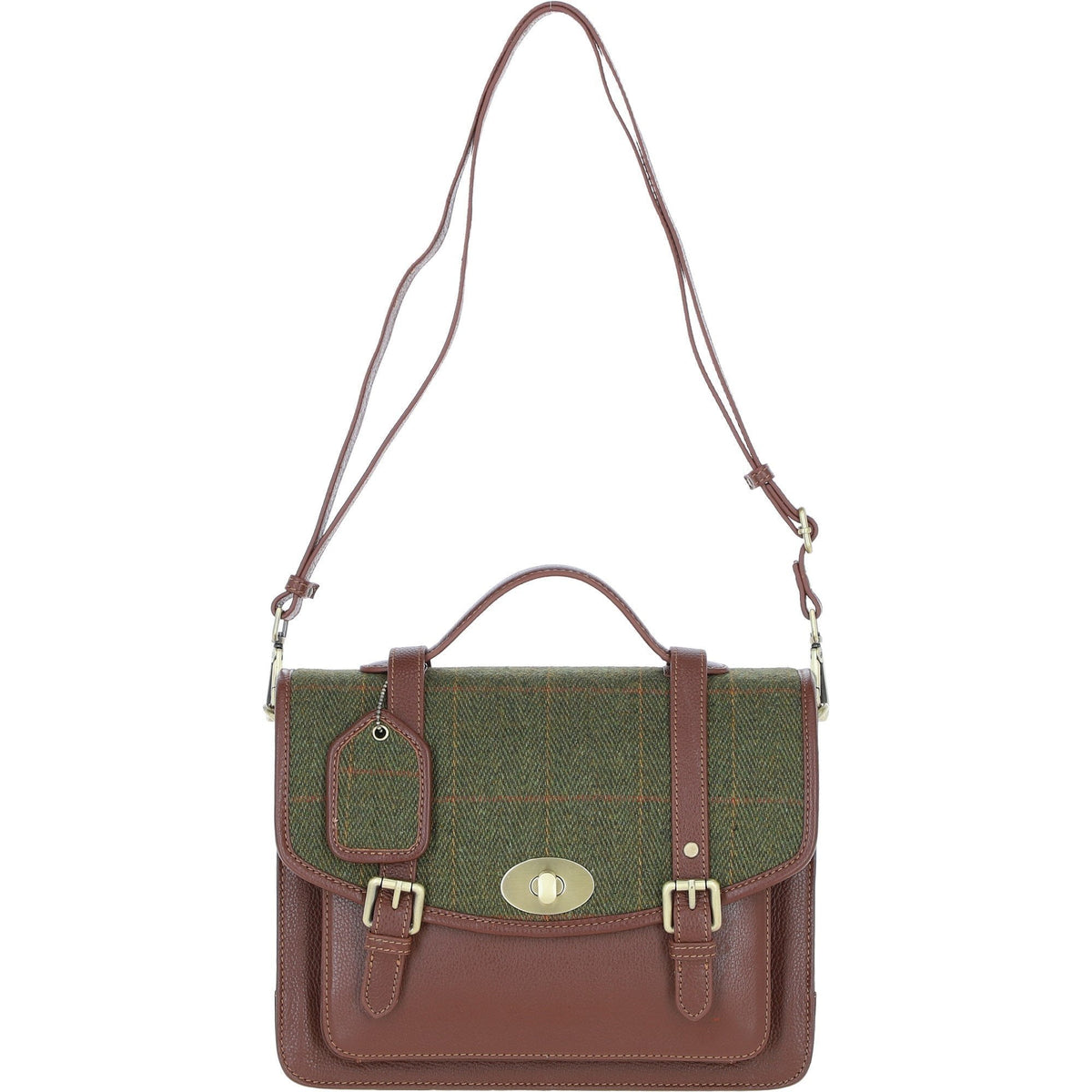 Leather & Tweed Large Twist Lock Satchel – Tan / Green Check, view 1