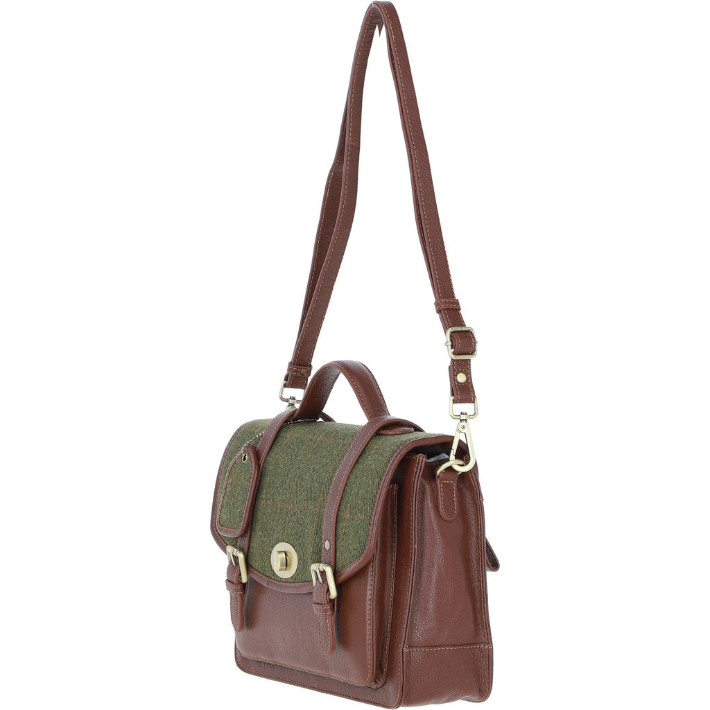 Leather & Tweed Large Twist Lock Satchel – Tan / Green Check, view 2
