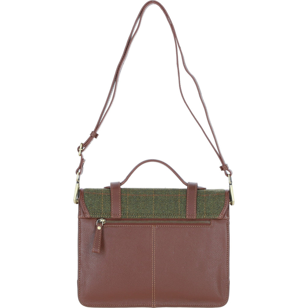 Leather & Tweed Large Twist Lock Satchel – Tan / Green Check, view 3