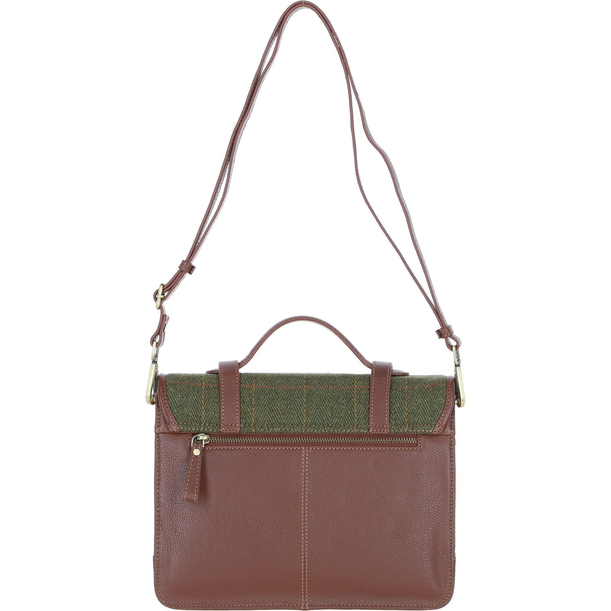 Leather & Tweed Large Twist Lock Satchel – Tan / Green Check, view 3