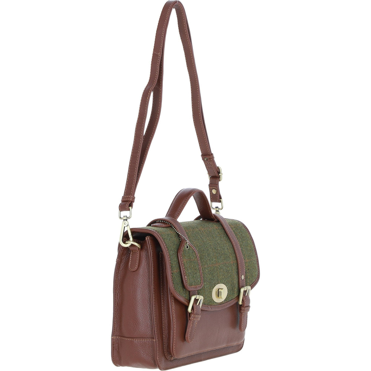 Leather & Tweed Large Twist Lock Satchel – Tan / Green Check, view 4