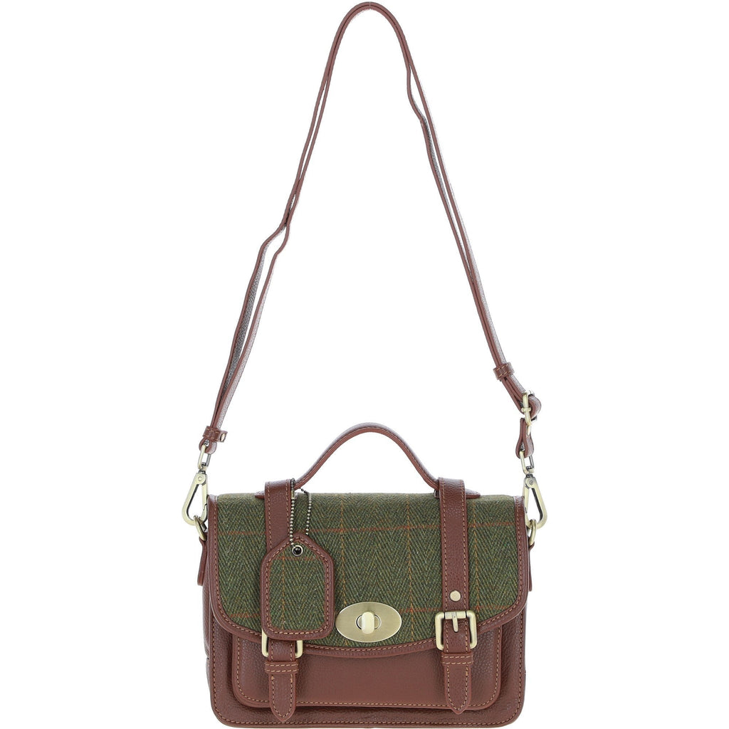 Leather & Tweed Medium Twist Lock Satchel – Tan / Green Check, view 1