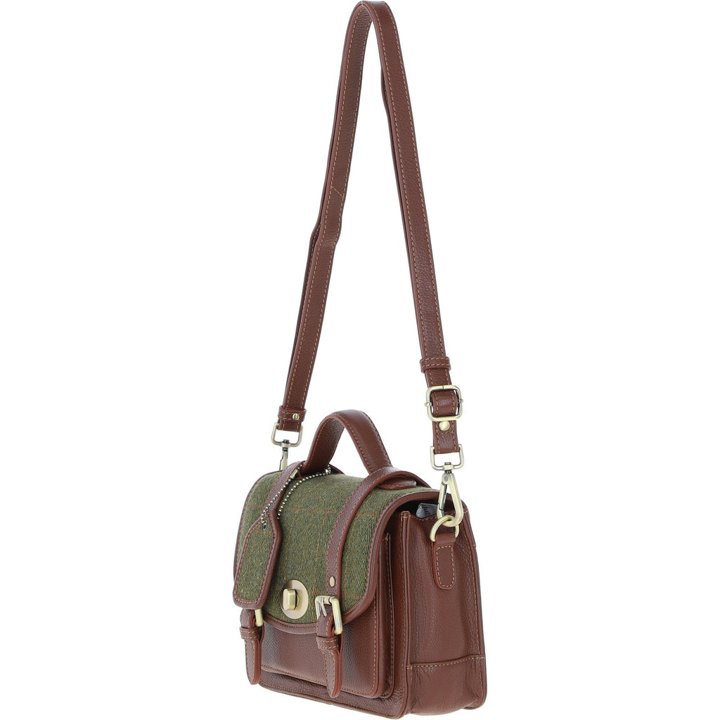 Leather & Tweed Medium Twist Lock Satchel – Tan / Green Check, view 2