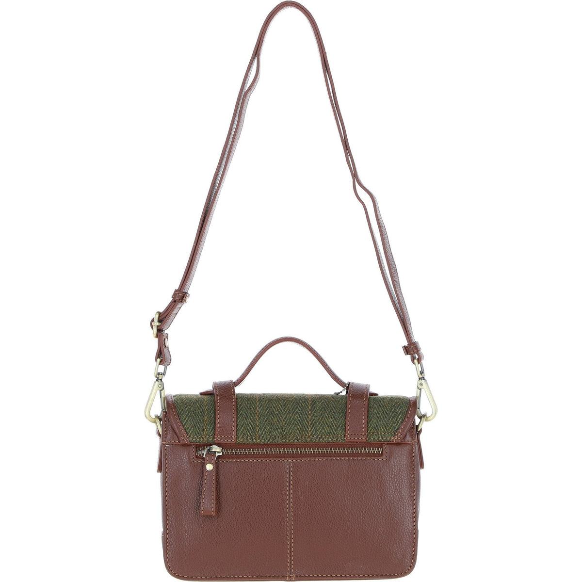 Leather & Tweed Medium Twist Lock Satchel – Tan / Green Check, view 3