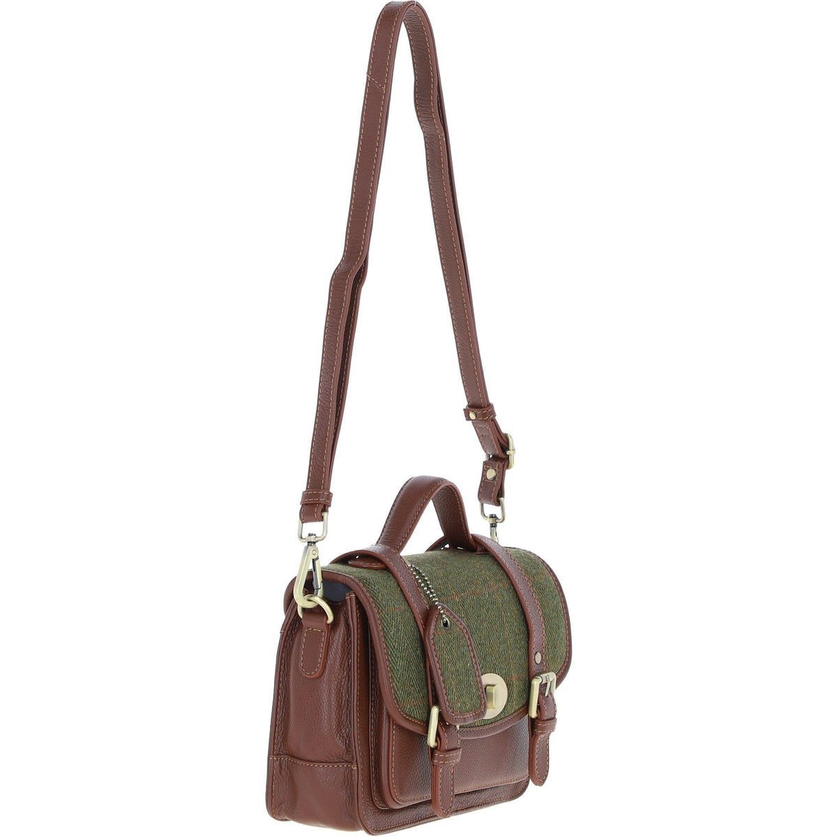 Leather & Tweed Medium Twist Lock Satchel – Tan / Green Check, view 4