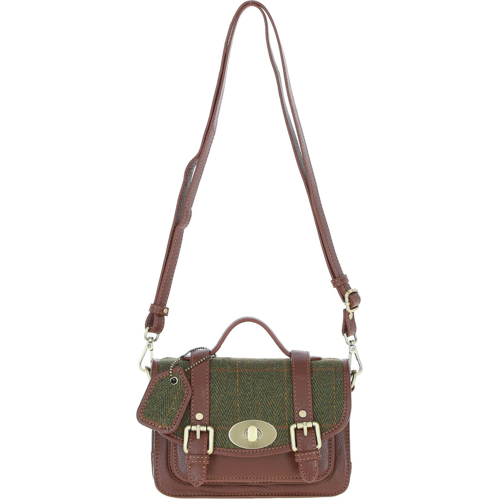 Leather & Tweed Small Twist Lock Satchel – Tan / Green Check, view 1