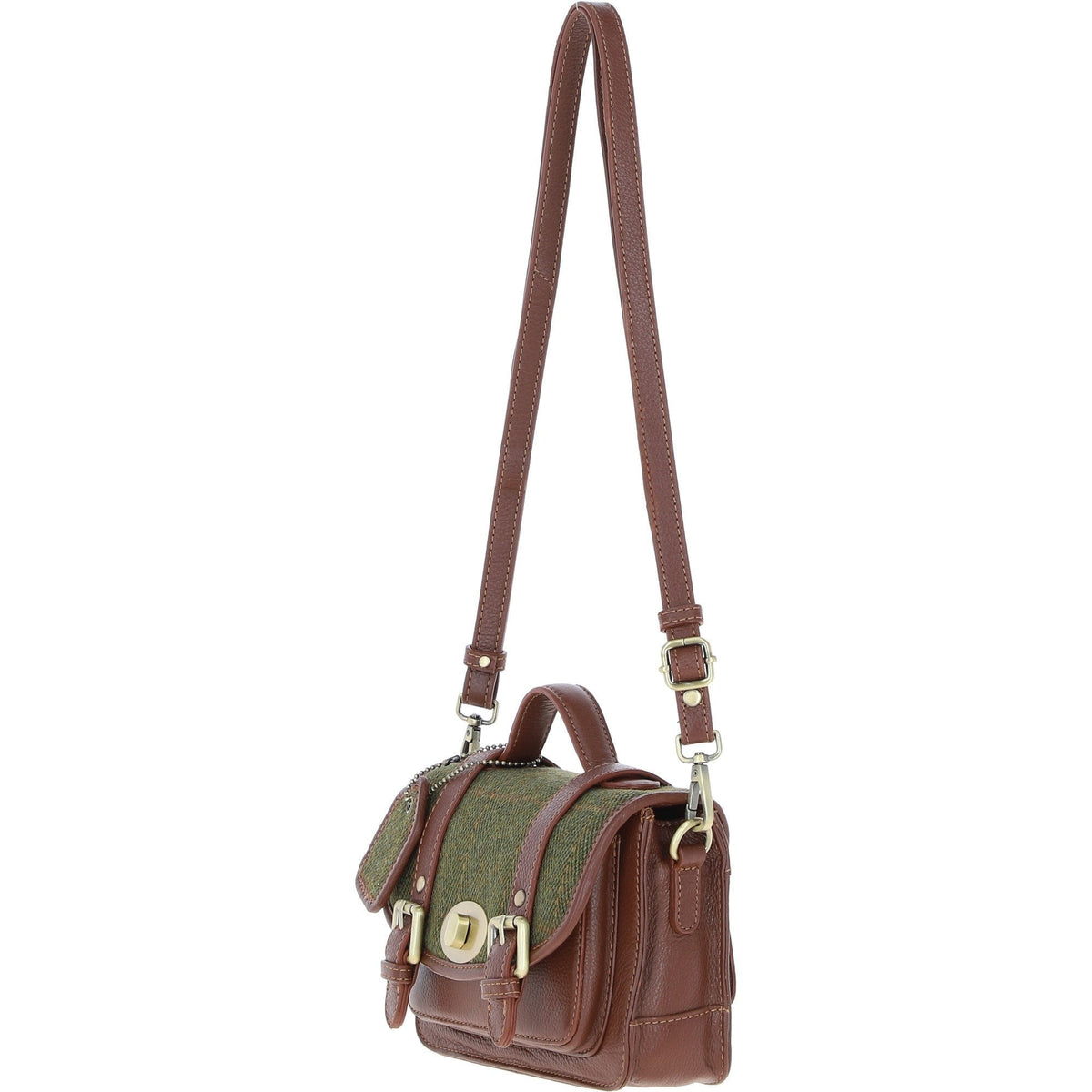 Leather & Tweed Small Twist Lock Satchel – Tan / Green Check, view 2