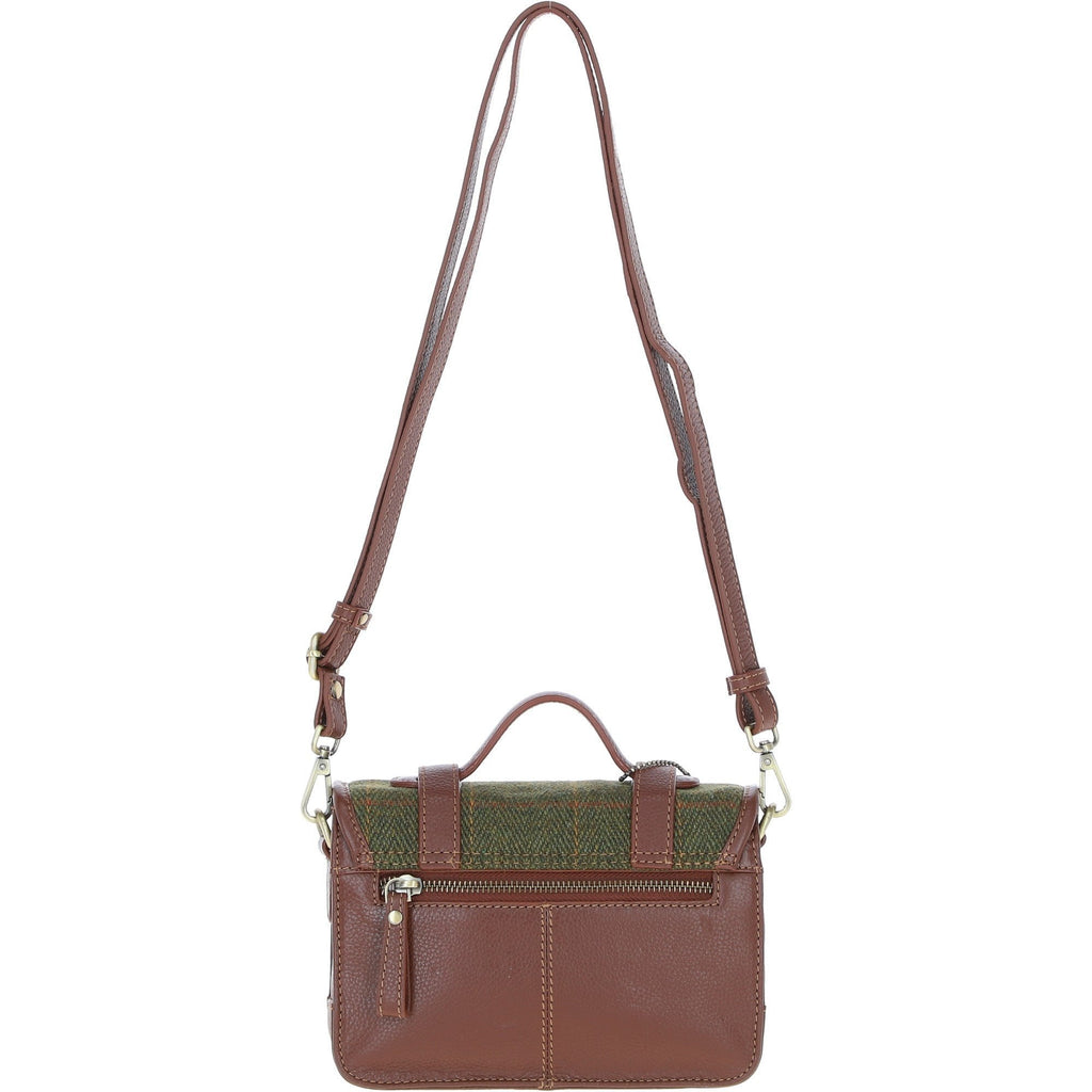 Leather & Tweed Small Twist Lock Satchel – Tan / Green Check, view 3