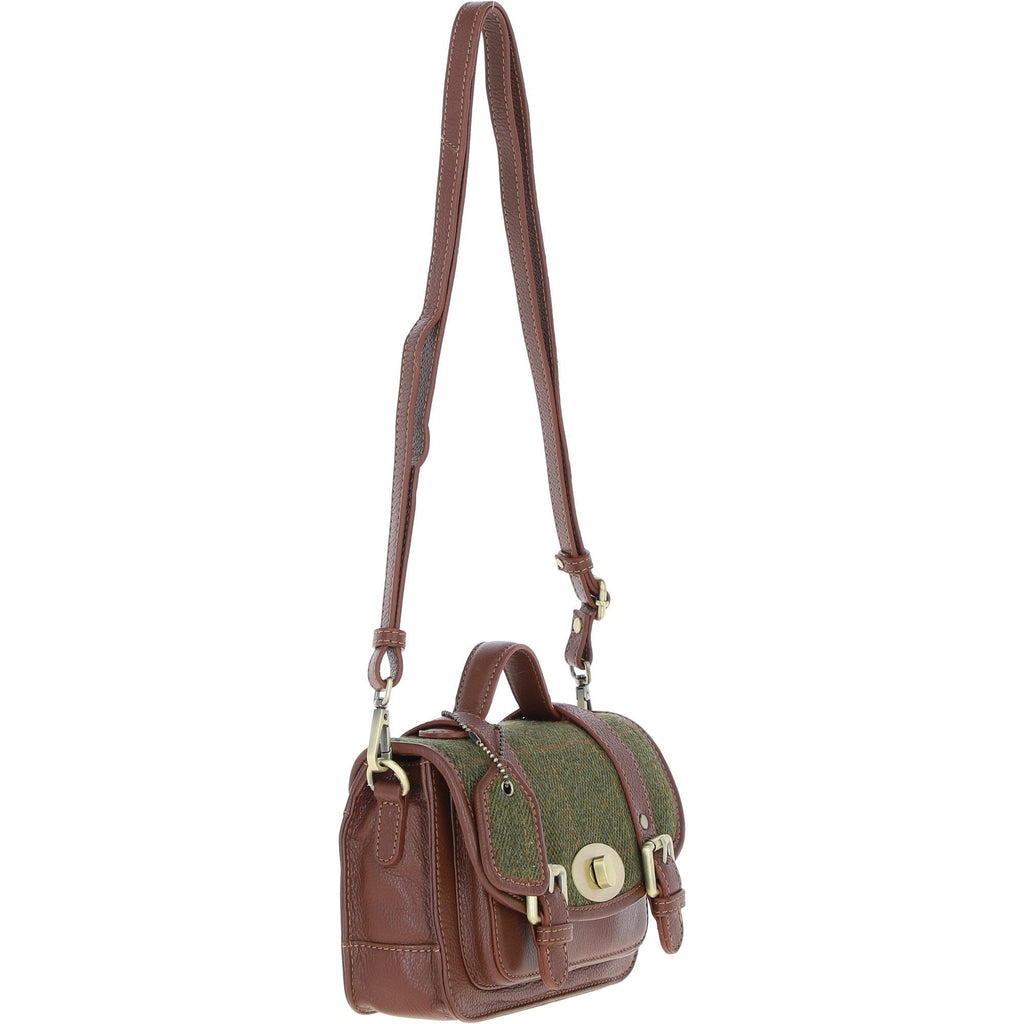 Leather & Tweed Small Twist Lock Satchel – Tan / Green Check, view 4