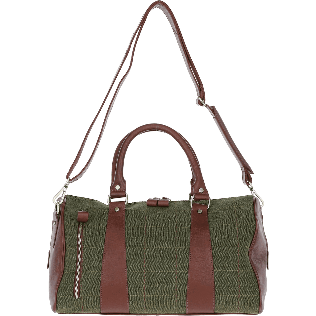 Leather & Tweed Small Holdall – Tan / Green Check, view 1