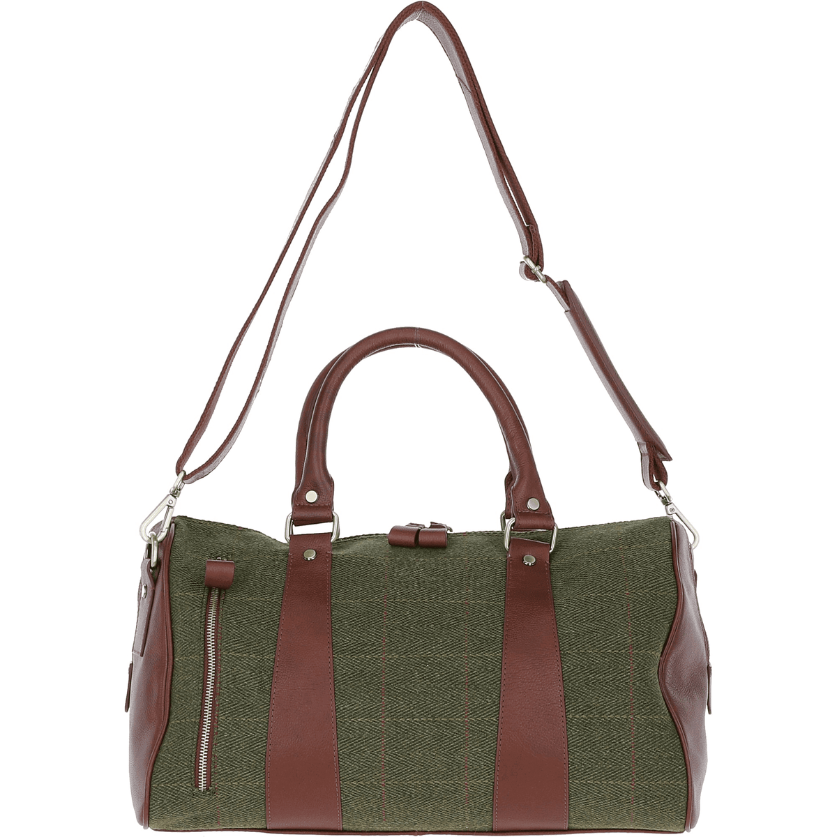 Leather & Tweed Small Holdall – Tan / Green Check, view 1