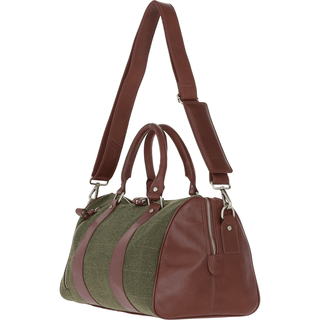 Leather & Tweed Small Holdall – Tan / Green Check, view 2