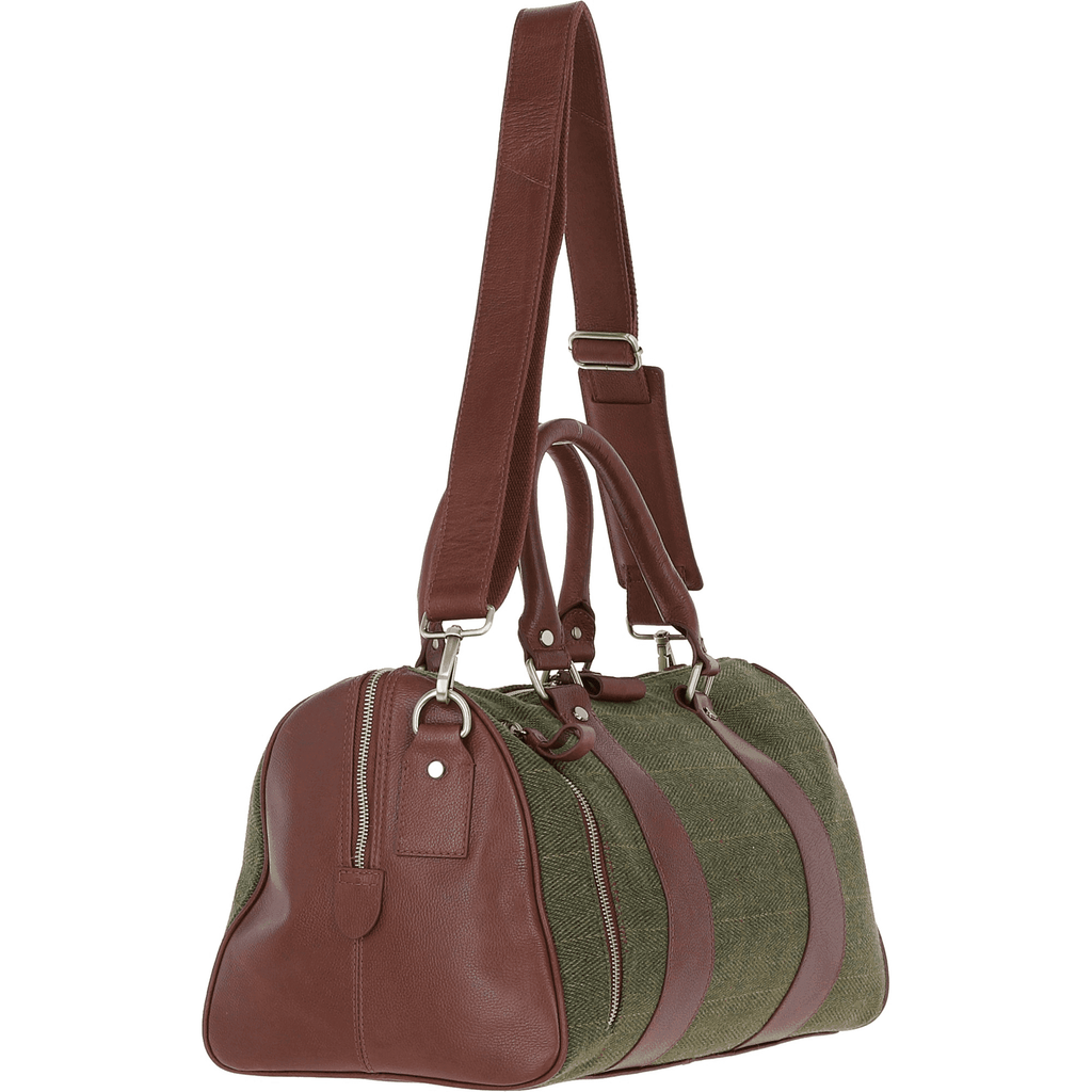 Leather & Tweed Small Holdall – Tan / Green Check, view 3