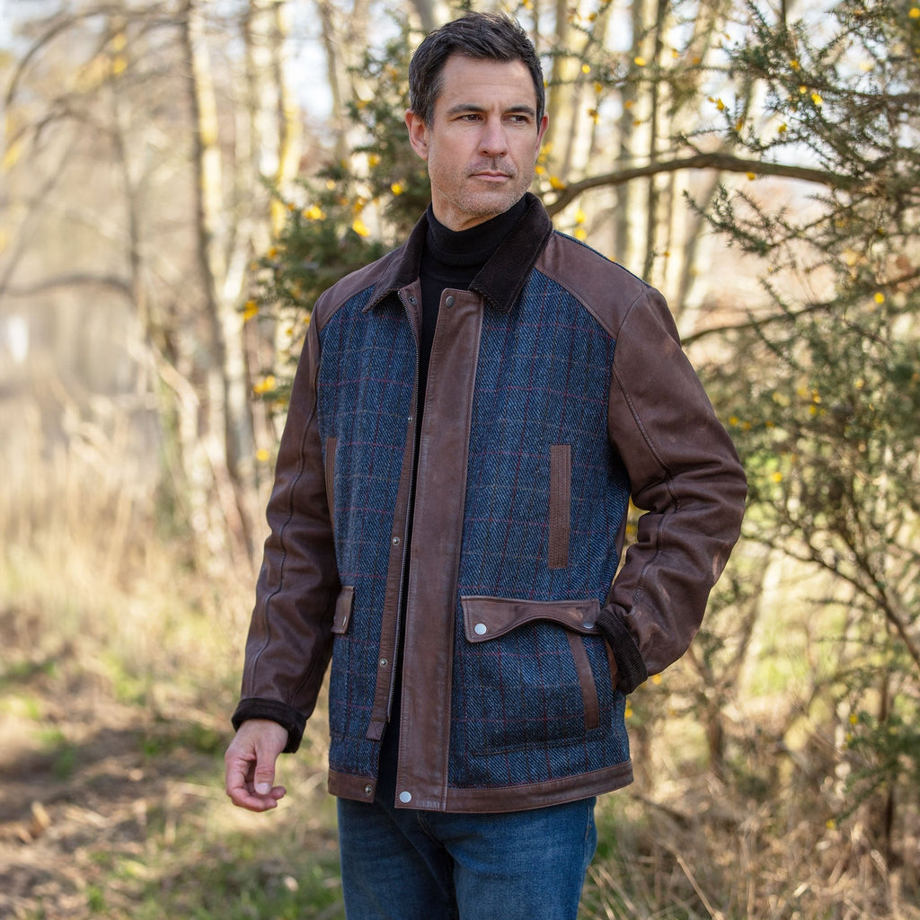 Men's Leather & Harris Tweed Jacket – Brown / Navy, view 2